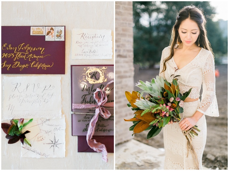 Burgundy and rose wedding invitation suite
