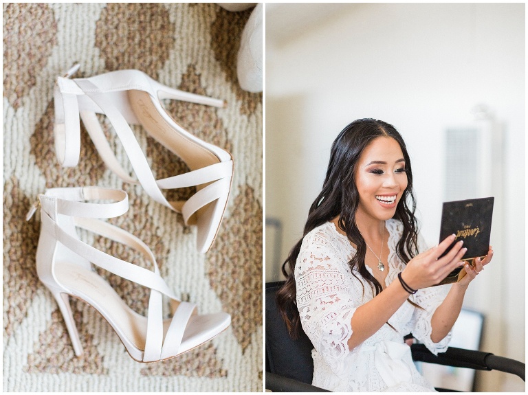 white stiletto heels and a bride looking at her makeup in a mirror captured by jody Atkinson photography