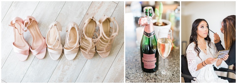 row of nude color shoes lined up with champagne and a beautiful bride photographed by jody Atkinson photography from the tri valley area