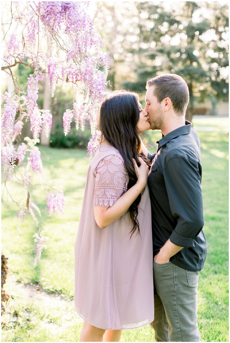 couple kissing in front of a wisteria tree