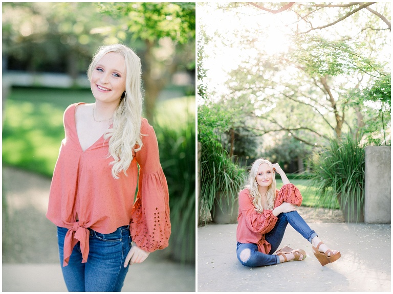 blonde girl in a coral shirt