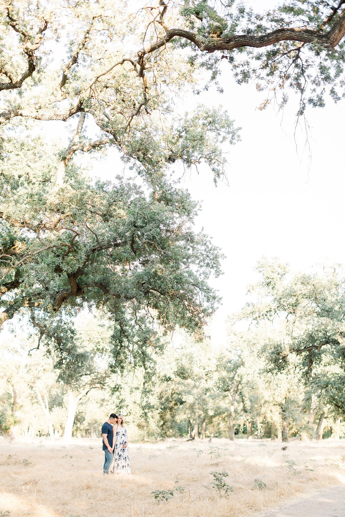 pregnant couple standing under a large oak tree Jody Atkinson
