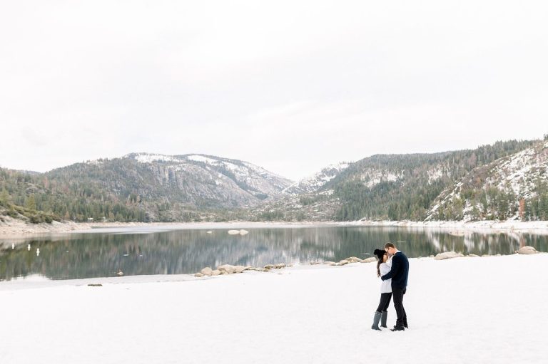 couple embracing on a snowy lake