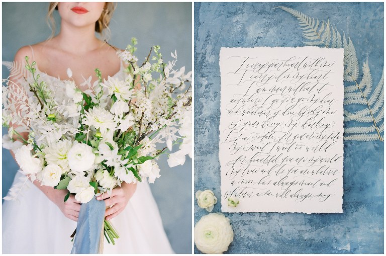 blue and white bridal shoot